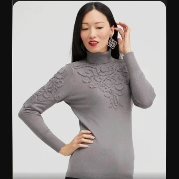 NWT Chico's Size 3 (XL) Gray Soutache Turtleneck Sweater Holiday Party Elegant - Picture 1 of 1